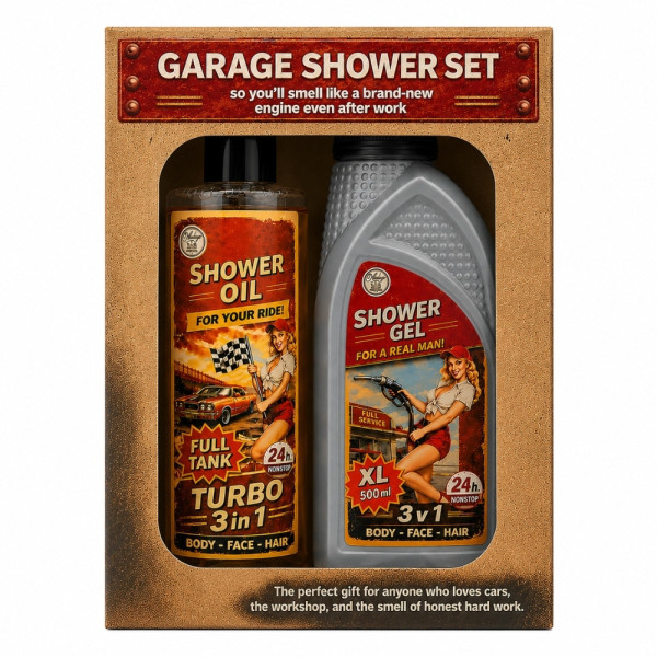 Lahjasetti miehille "Garage shower set" – suihkugeeli 500 ml ja suihkuöljy 250 ml