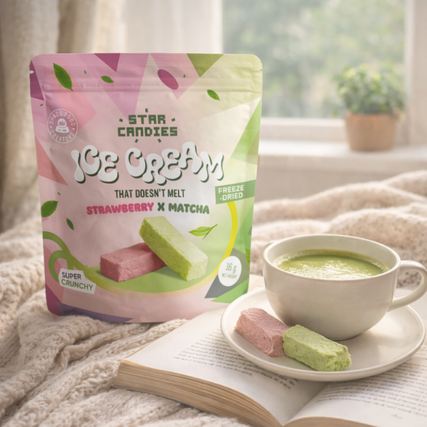 STAR CANDIES pakastekuivattua matcha- ja mansikkajäätelöä, 16g