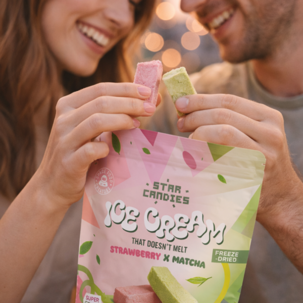 STAR CANDIES pakastekuivattua matcha- ja mansikkajäätelöä, 16g