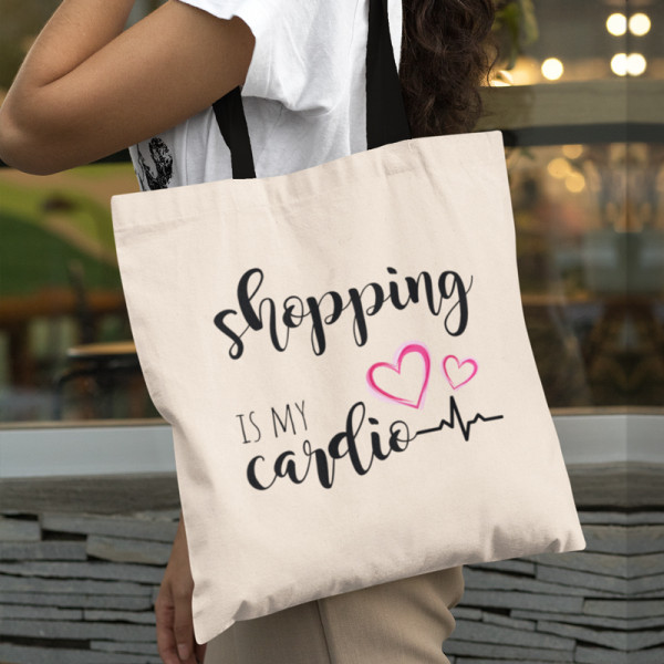 Kangaslaukku "Shopping is my cardio"