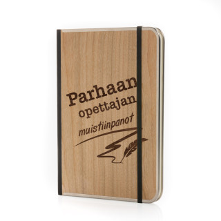 A5-kokoinen puukantinen muistikirja "Parhaan opettajan muistiinpanot"