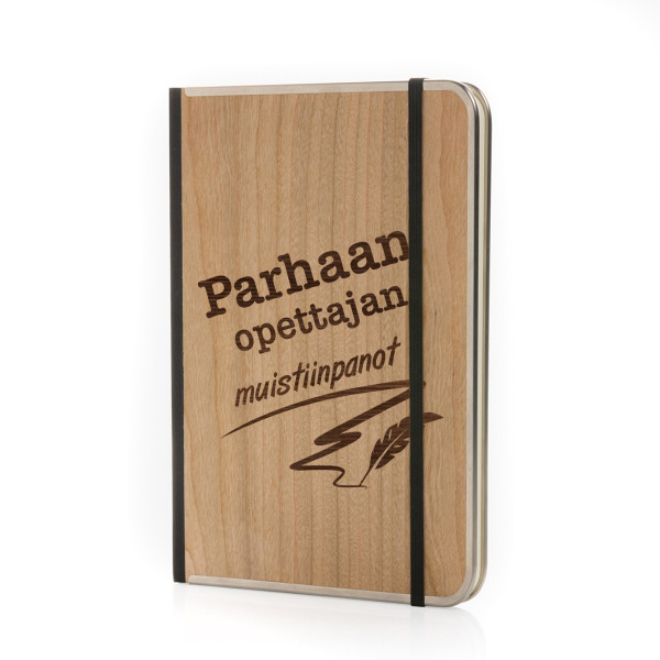 A5-kokoinen puukantinen muistikirja "Parhaan opettajan muistiinpanot"