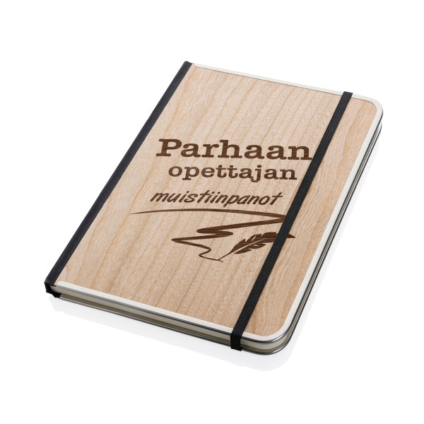 A5-kokoinen puukantinen muistikirja "Parhaan opettajan muistiinpanot"