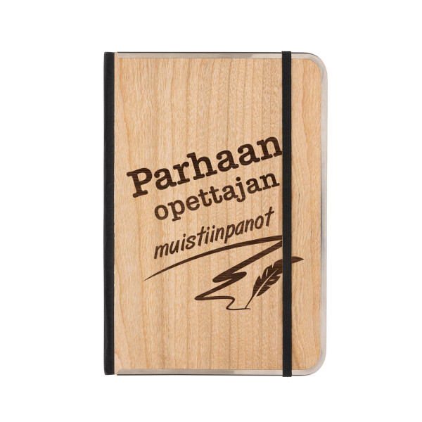A5-kokoinen puukantinen muistikirja "Parhaan opettajan muistiinpanot"