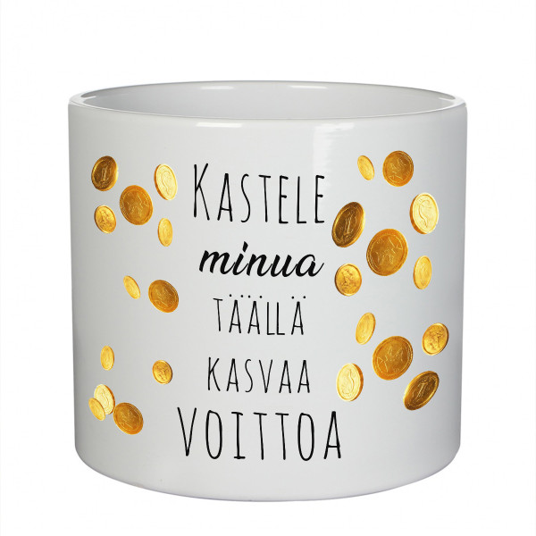 Keraaminen kukkaruukku "Kastele minua – täällä kasvaa voittoa"
