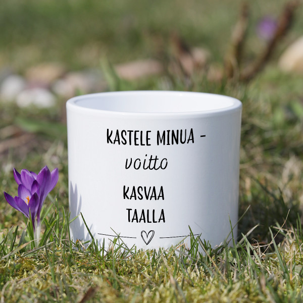 Keraaminen kukkaruukku "Kastele minua - voitto kasvaa täällä"