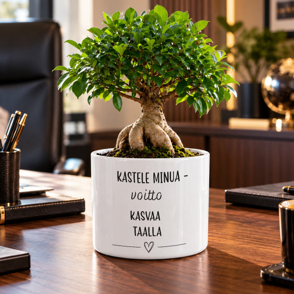 Keraaminen kukkaruukku "Kastele minua - voitto kasvaa täällä"