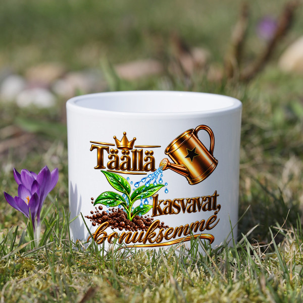 Keraaminen kukkaruukku "Täällä kasvavat bonuksemme"