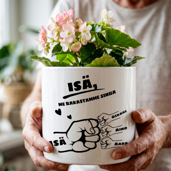 Keraaminen ruukku "Isä ja lapset" lasten nimillä