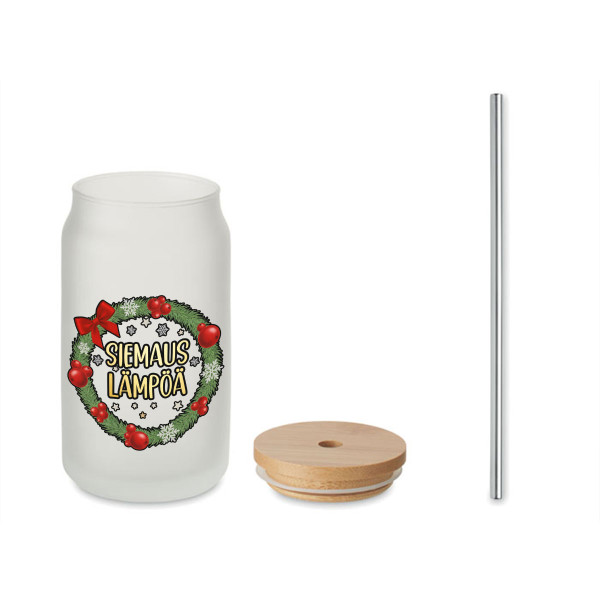 Lasinen juomapullo metallipillillä "Siemaus lämpöä", 400ml