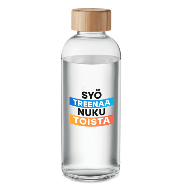 Lasinen vesipullo "Syö, Treenaa, Nuku, Toista" (650ml)