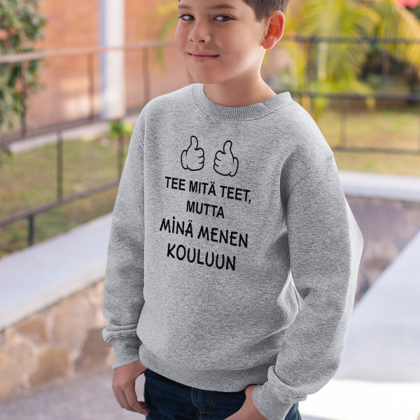 Lasten collegepaita "Menossa kouluun" (ilman huppua)