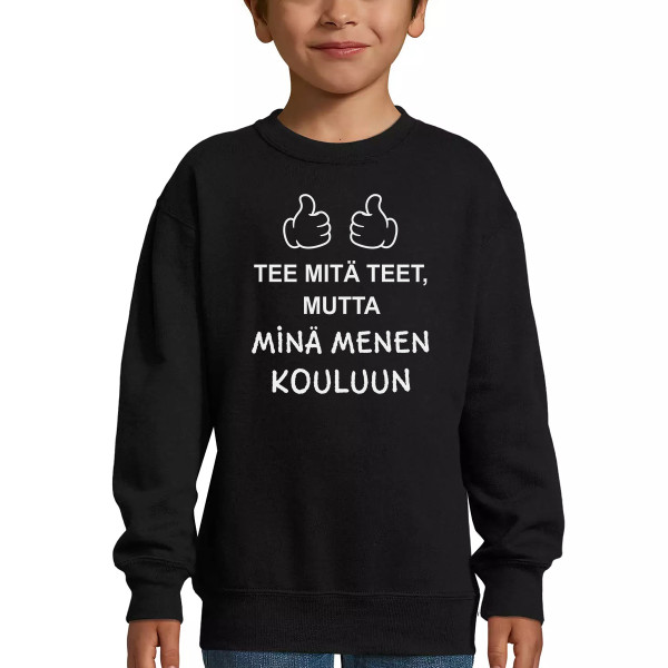 Lasten collegepaita "Menossa kouluun" (ilman huppua)