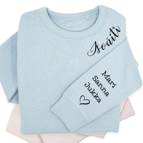 UNISEX pastellivärinen ”Sully” collegepaita "Isoäiti" lasten nimillä hihassa UNISEX pastellivärinen ”Sully” collegepaita "Isoäiti" lasten nimillä hihassa