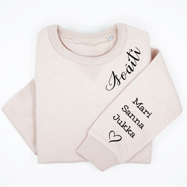UNISEX pastellivärinen ”Sully” collegepaita "Isoäiti" lasten nimillä hihassa UNISEX pastellivärinen ”Sully” collegepaita "Isoäiti" lasten nimillä hihassa