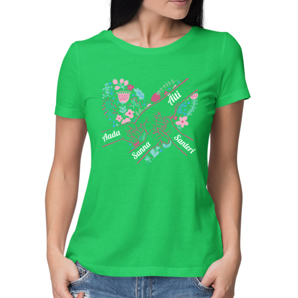 Naisten t-paita "Äidin sydän" valituilla lasten nimillä