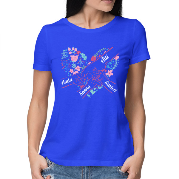 Naisten t-paita "Äidin sydän" valituilla lasten nimillä