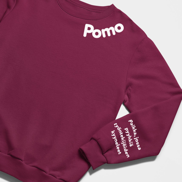 Paita "Pomo - työntekijöiden kyyneliä varten" (ilman huppua) painatuksella hihassa