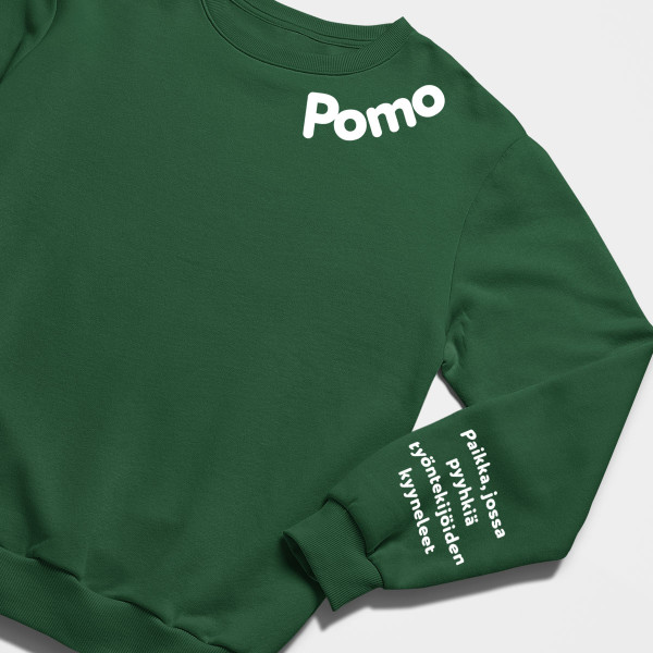 Paita "Pomo - työntekijöiden kyyneliä varten" (ilman huppua) painatuksella hihassa