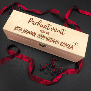 Puinen pullolaatikko "Parhaat viinit ovat ne, joita juomme naapureiden kanssa"