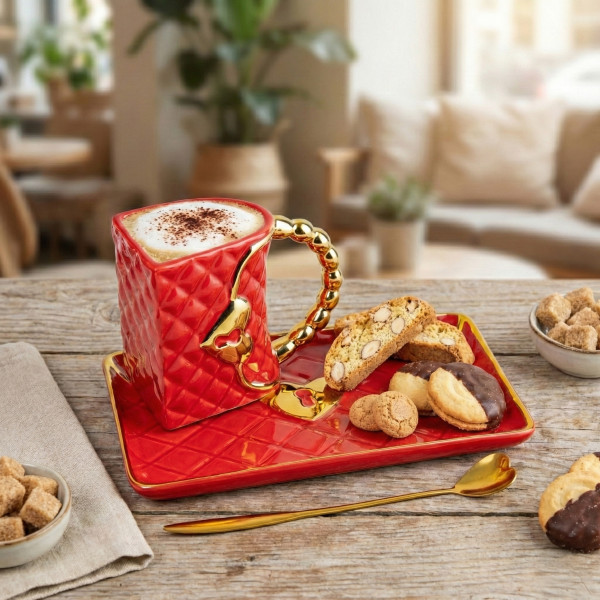 Muki ”Käsilaukku” lautasella ja sydämenmuotoisella lusikalla