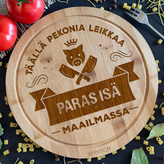 Pyöreä bambu leikkuulauta "Paras isä leikkaa pekonia täällä"