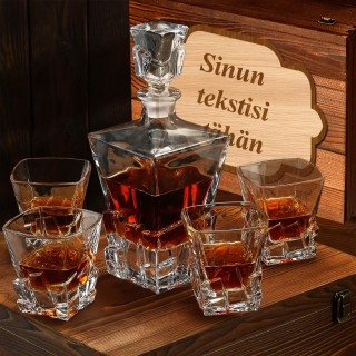 Viskisetti puulaatikossa "ELIXIR" valitsemallasi tekstillä