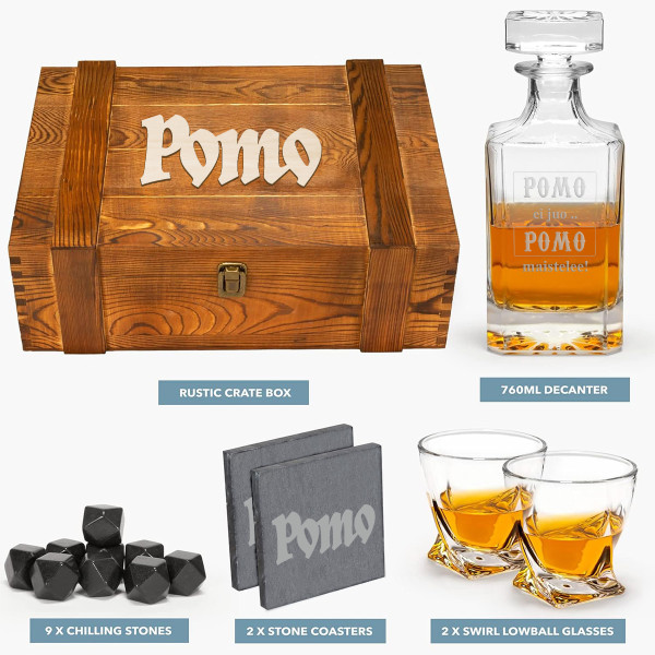 Viskisetti puulaatikossa "TORNADO - parhaalle pomolle"