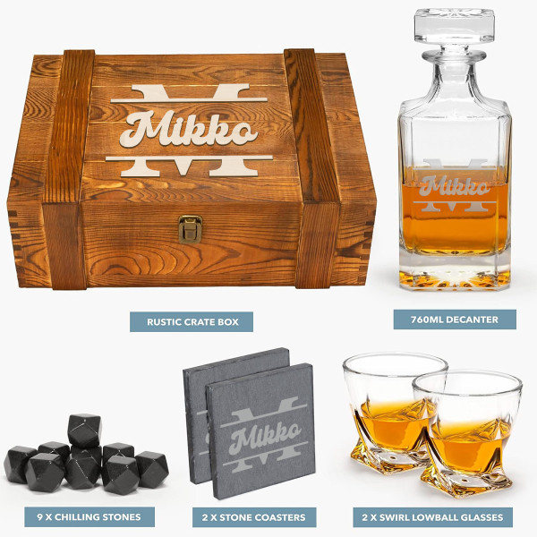 Viskisetti puulaatikossa "TORNADO" valitsemallasi nimellä